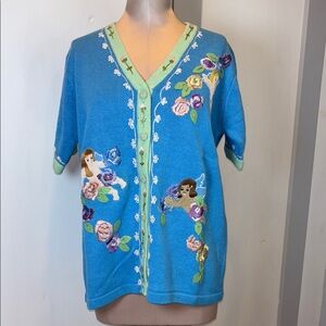 Storybook Knits Embroidered Cardigan Floral and Fairy Cherub Design SZ Medium